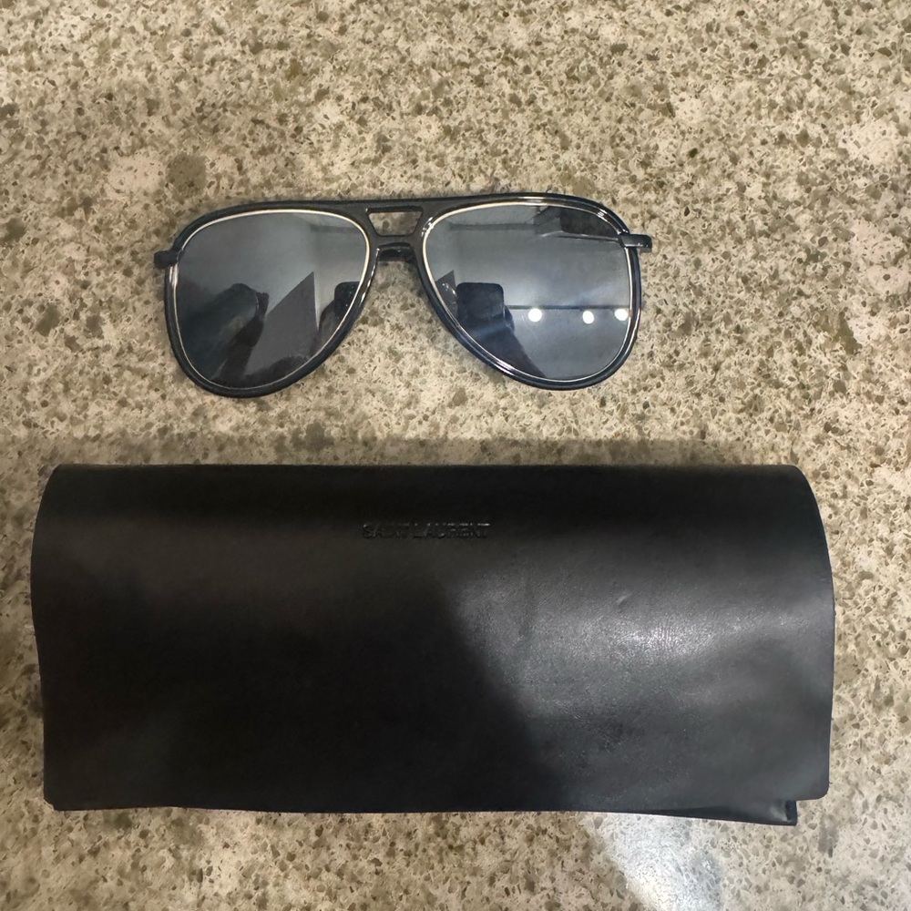 Saint Laurent Black and Silver Aviator Sunglasses